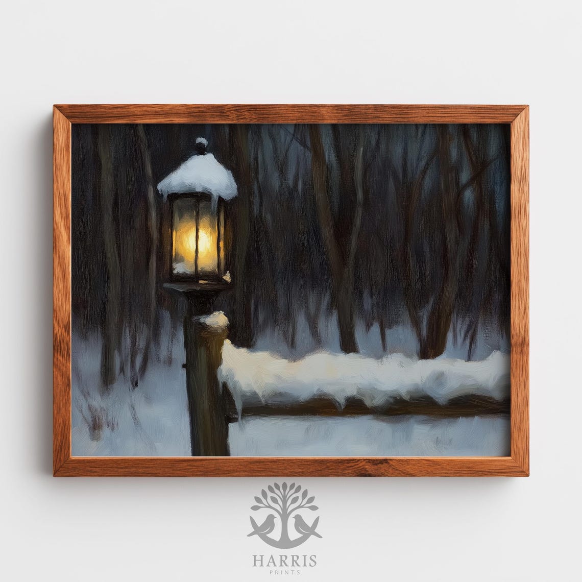 Snowy Lantern Night Woods Cozy Winter Evening Painting Poster
