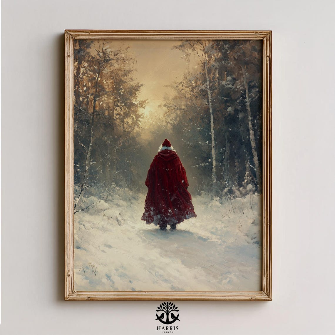 Santa Claus Walking Through Snowy Forest Festive Winter Print