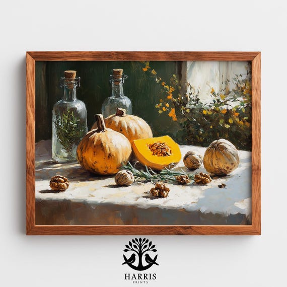 Rustic Autumn Butternut Squash Still Life Vintage Farmhouse Decor Moody Tabletop Art With Walnuts And Glass 384