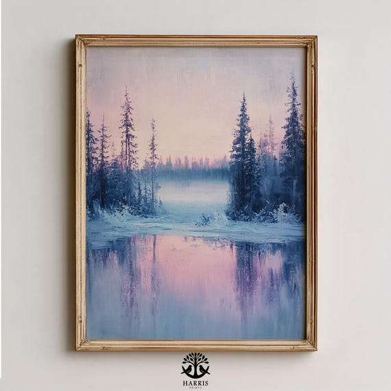 Moody Winter Lakeside Landscape Serene Evergreen Trees By Pastel Lake Tranquil Frosty Scene Wall Art 470