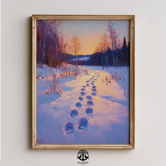 Rustic Winter Scene With Fox Pawprints Moody Landscape Art Cozy Serene Painting Warm Snowy Trail 469