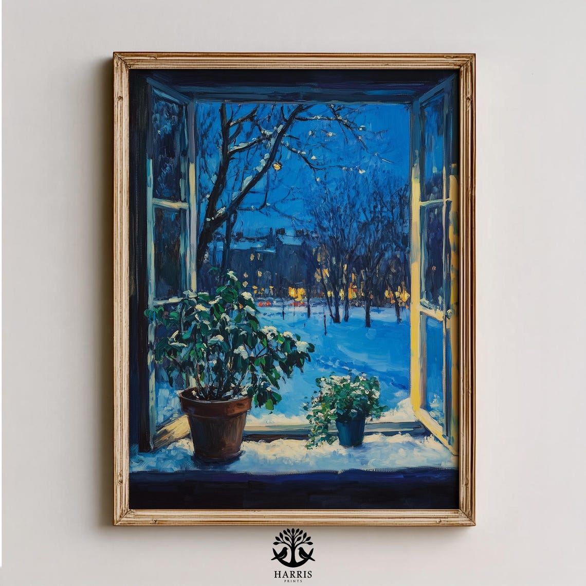 Winter Windowsill Garden Cozy Night Plants Painting Art Poster