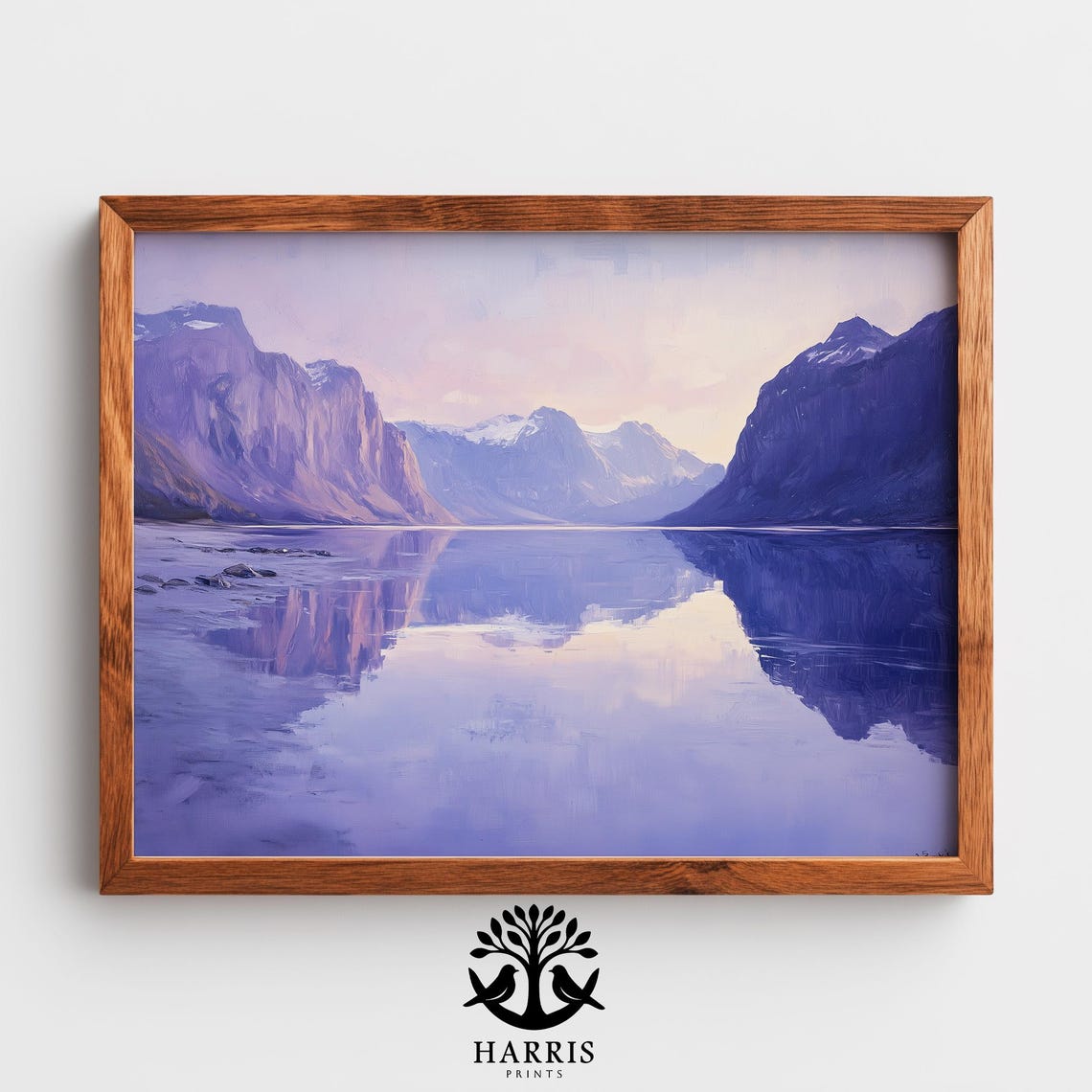 Moody Fjord Lake Mirror Mountains Violet Mist Landscape Oil Print