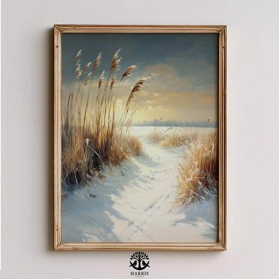 Moody Winter Meadow Path Serene Wintery Landscape Vintageinspired Cozy Scene Rustic Snowy Fields At Sunset Art 466