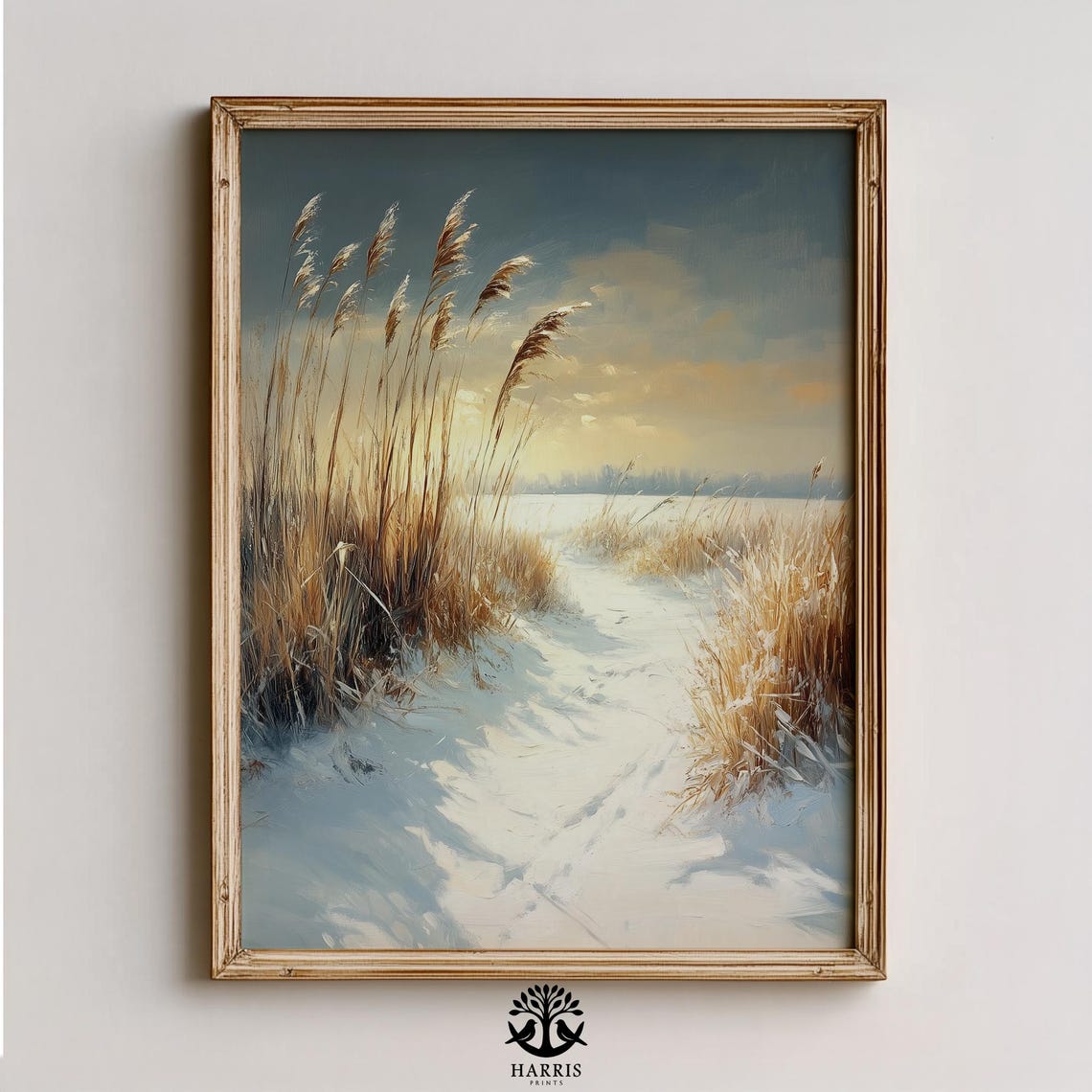 Serene Snowy Meadow Path Golden Winter Grasses Landscape Art Poster