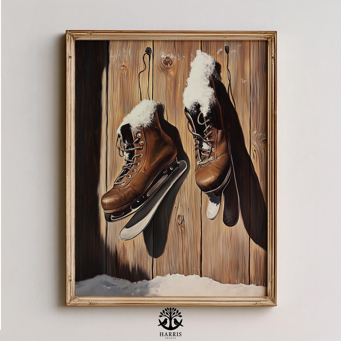 Vintage Brown Ice Skates Snow Wooden Door Winter Decor Poster