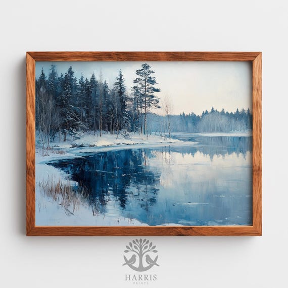 Moody Winter Lake Art Calm Nordic Landscape Rustic Pine Trees Textured Painting Serene Wall Decor 544