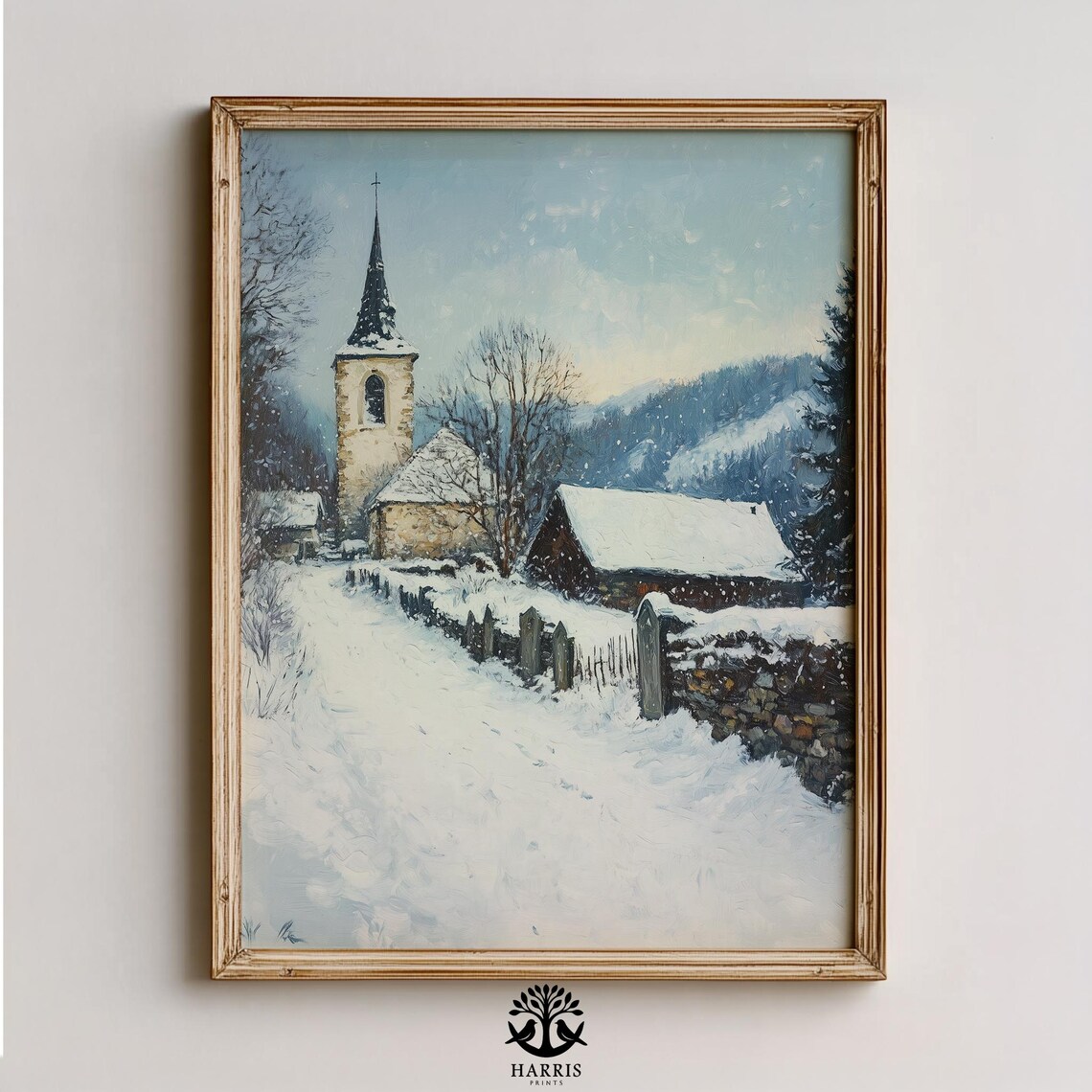 Rustic Winter Churchyard Snowy Stone Church Village Art Print