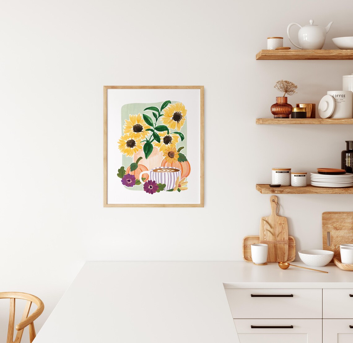 Fall Coffee Still Life with Pumpkins, Sunflowers Art Print - Image 4
