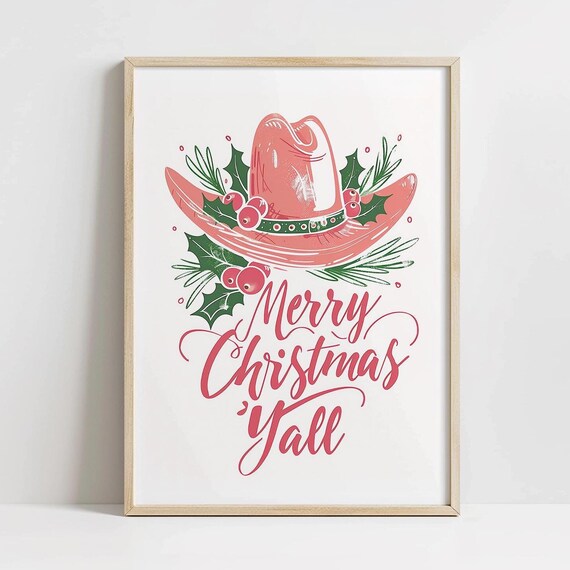 Merry Christmas Yall Pink Cowboy Hat Holiday Western Wall Art
