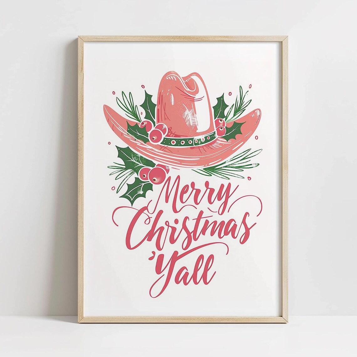Merry Christmas Yall Pink Cowboy Hat Holiday Western Wall Art