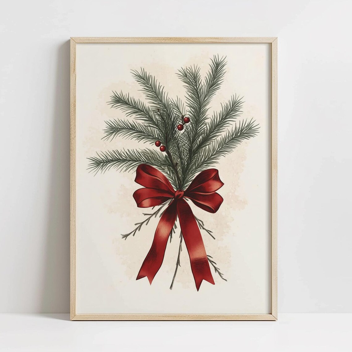 Evergreen Fir Branch Bundle Red Berries Big Red Bow Holiday Poster