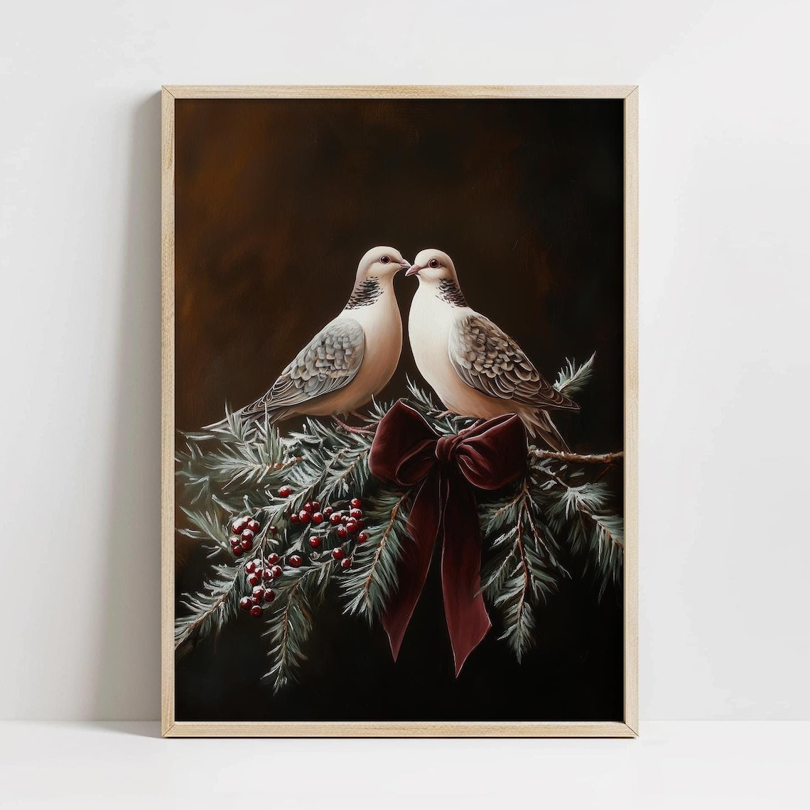 Two Turtledoves on Pine Branch Burgundy Bow Christmas Wall Art