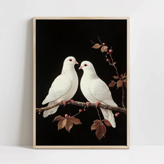 White Doves Pair Moody Vintage Christmas Bird Painting Art Poster
