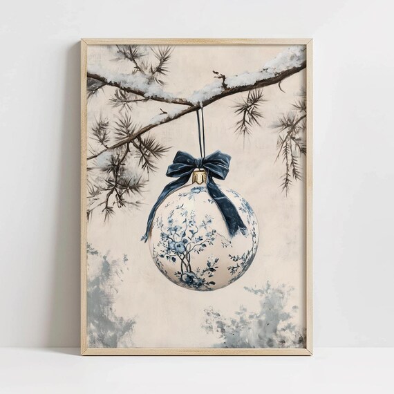 Blue Floral Ornament Painting, Vintage Christmas Poster