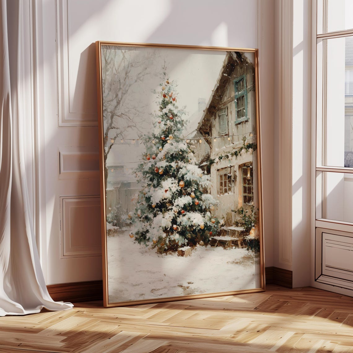Snowy Christmas Tree Outside Rustic Cottage Winter Holiday Wall Art