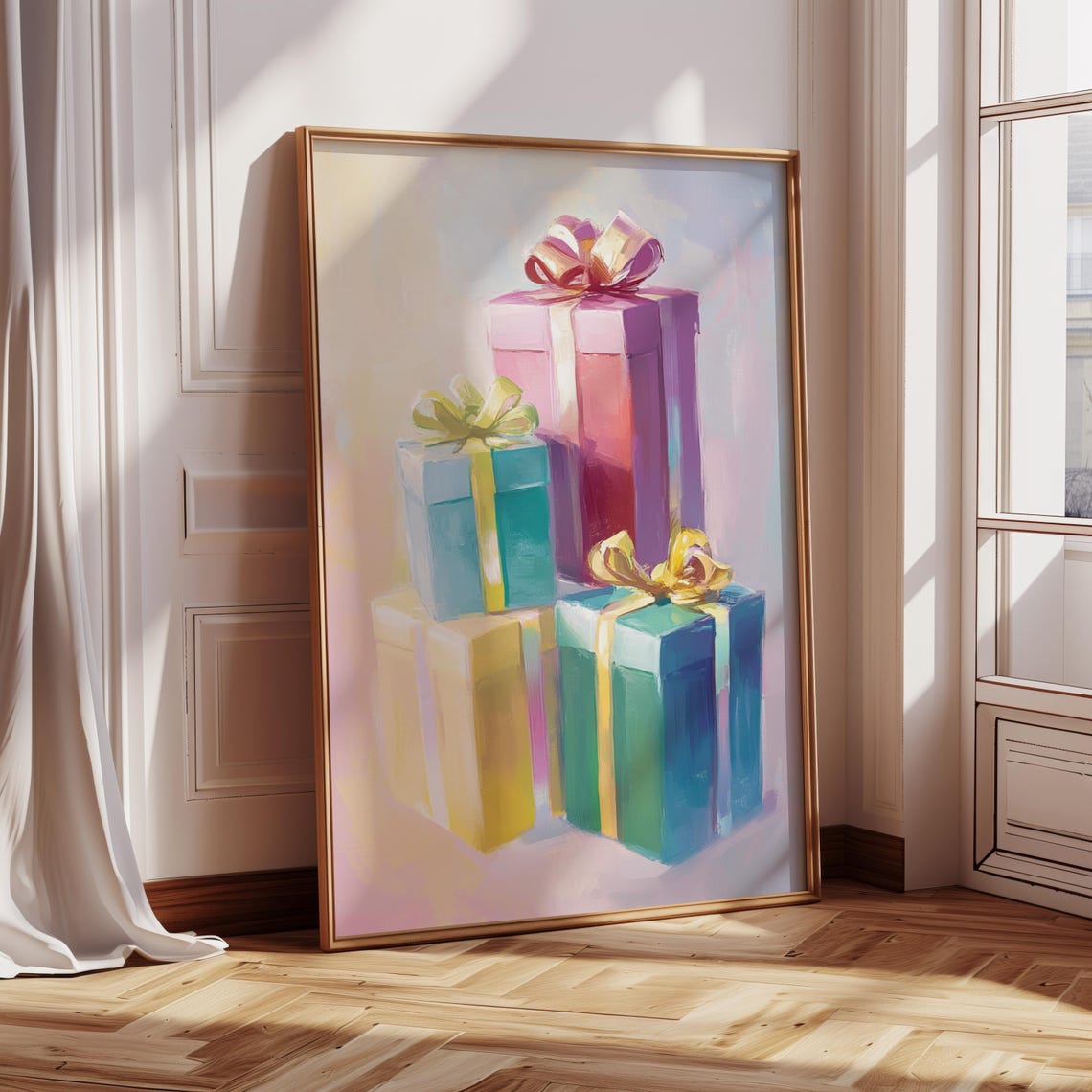 Pastel Christmas Gift Boxes Watercolor Holiday Home Decor Poster
