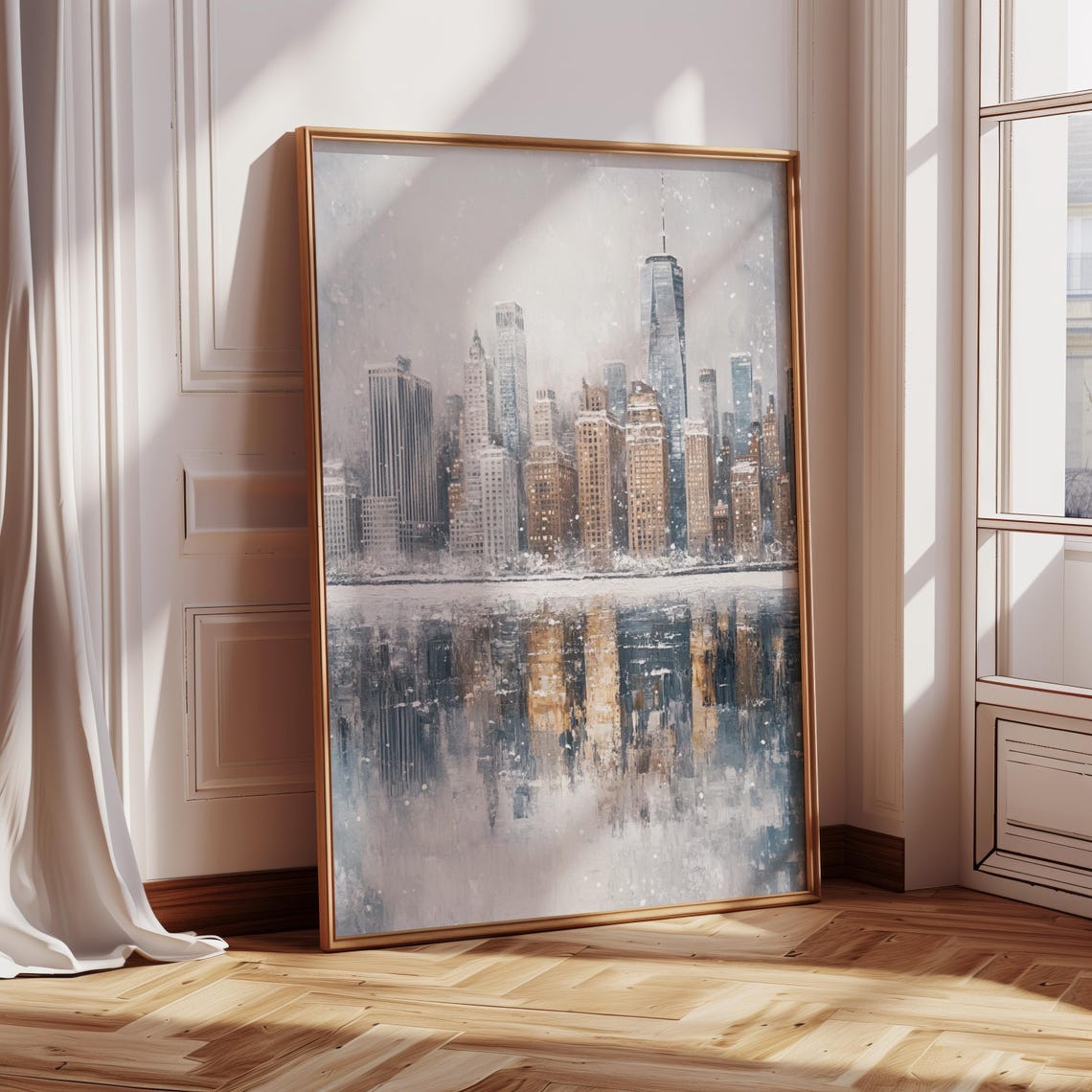 Snowy New York City Skyline Winter Reflection Skyscraper Wall Art