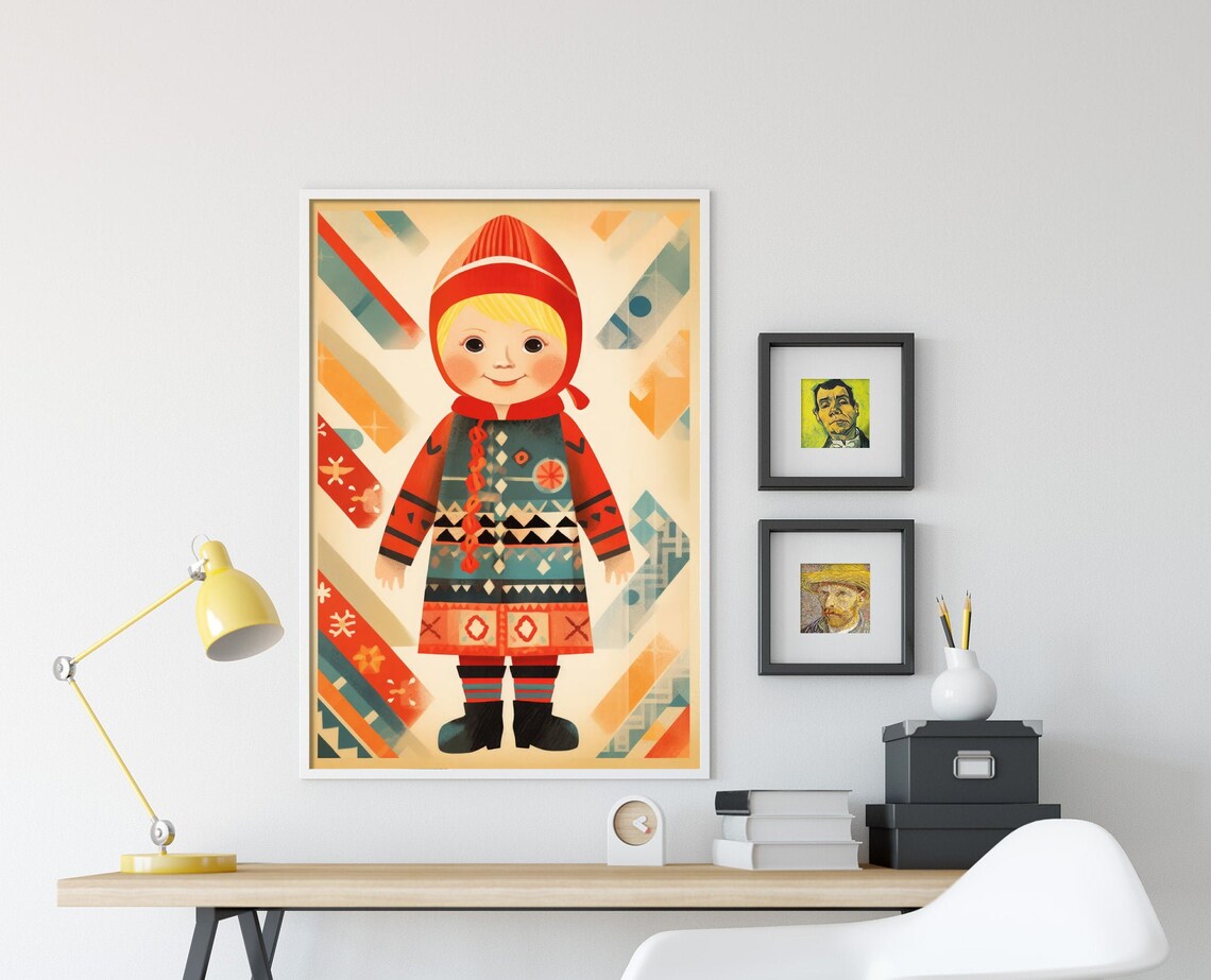 Retro Folk Girl Traditional Dress Colorful Geometric Nursery Print - Image 4