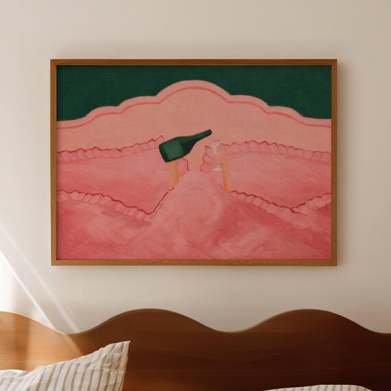 Woman Drinking Wine In Pink Bed Print Horizontal Above Wall Art Hand Drawn Mid Century Bedroom Poster Retro Stay Oil Painting