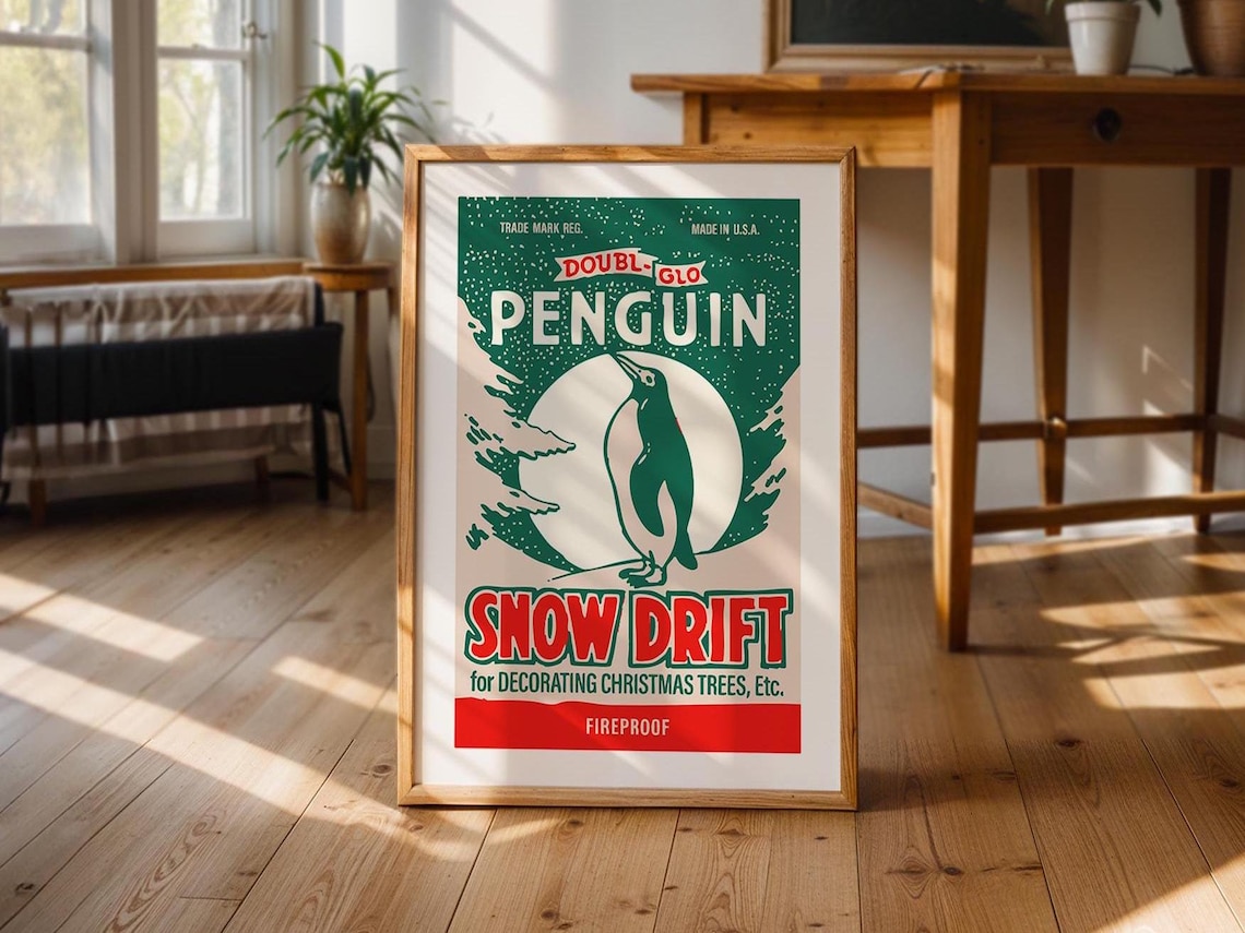 Retro Christmas Penguin Art Poster, Holiday Kitchen Decor