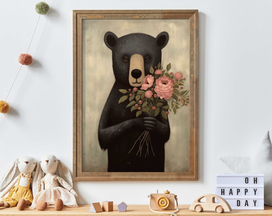 Black Bear Holding Pink Flower Bouquet Whimsical Nursery Poster