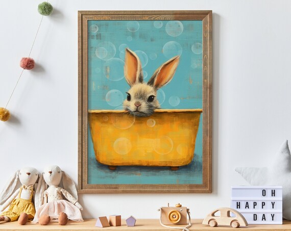 Vintage Rabbit Bath Tub Nursery Wall Art Animals Bathing Kids Room Decor Cute Animal In Bath Tub