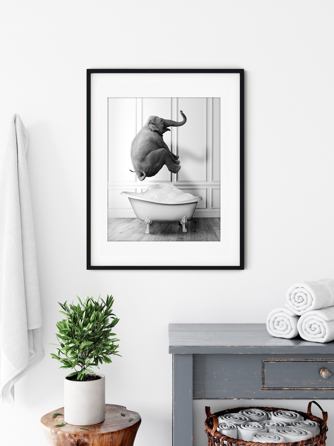 Happy Elephant In Tub Bathroom Art Print