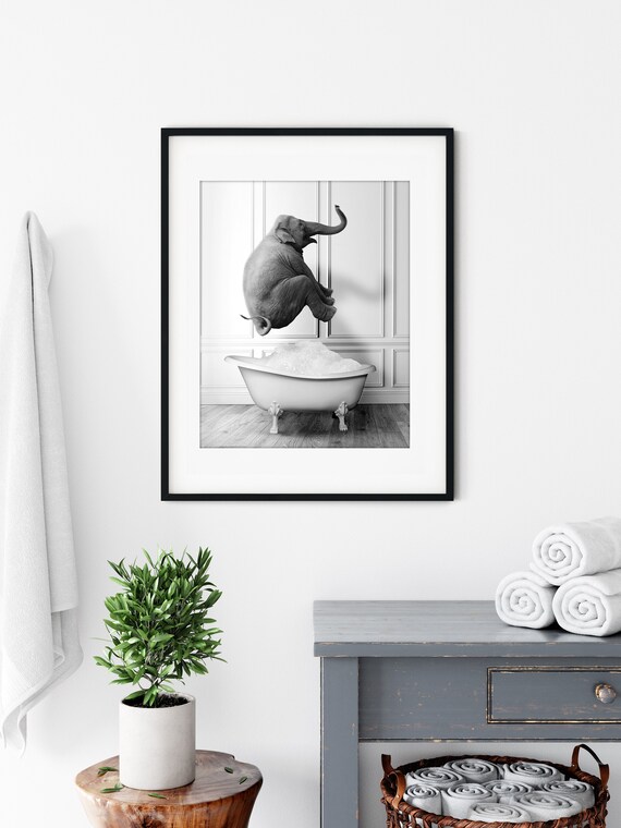 Happy Elephant In Tub Bathroom Art Print