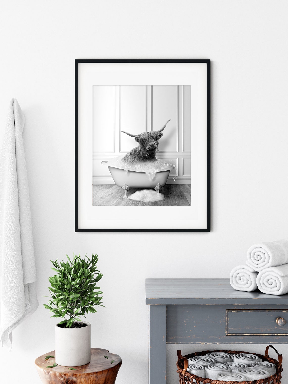 Highland Cow In Bathtub Black And White Funny Bathroom Print