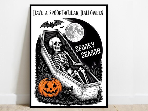 Spooktacular Halloween Poster Skeleton In Coffin Black Cat Pumpkin Moon Retro