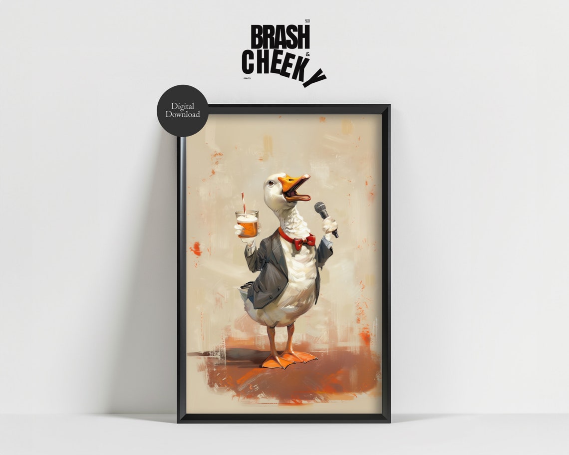 Duck Crooner in Suit Funny Singing Bird Microphone Bar Decor Wall Art
