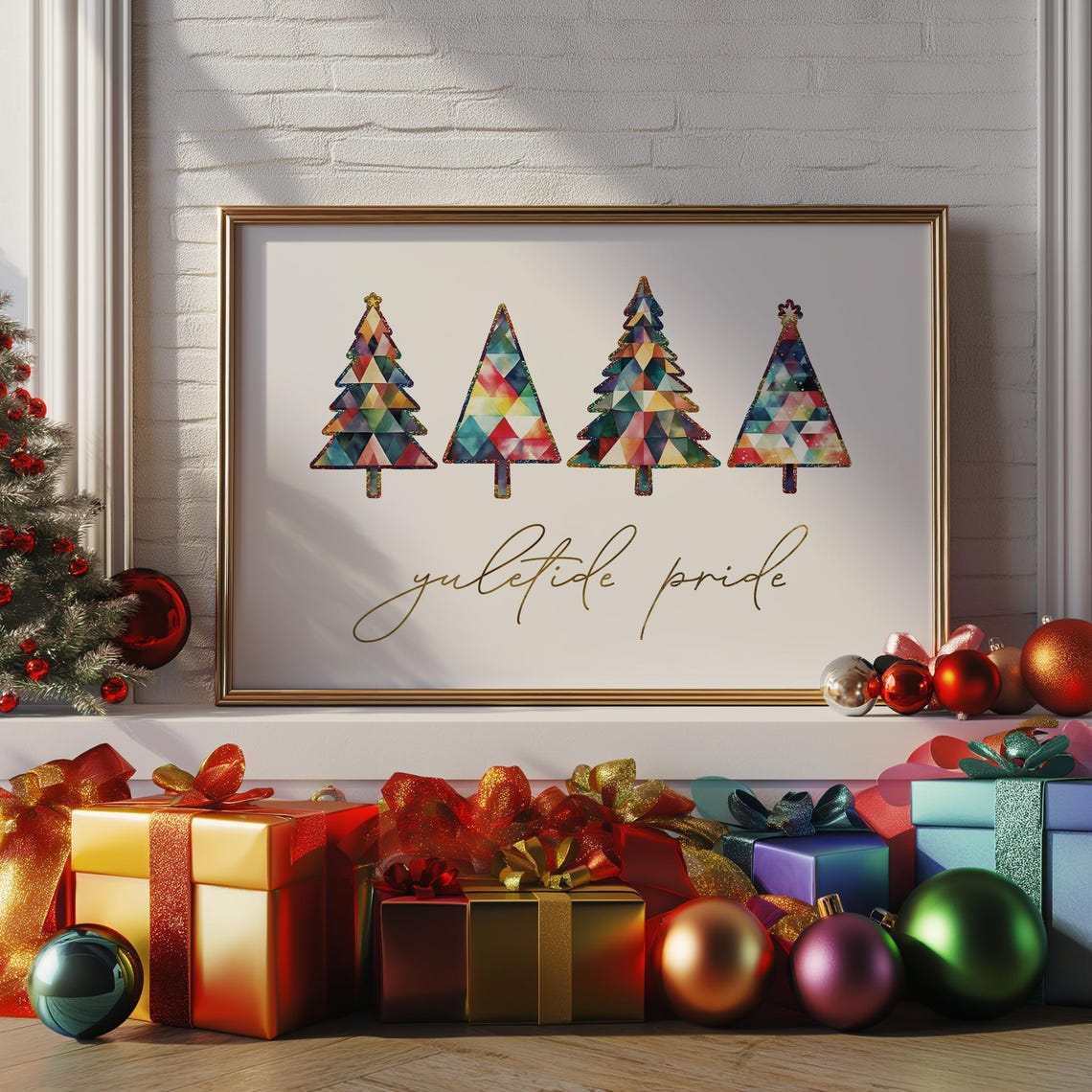 Yuletide Pride Geometric Watercolor Christmas Trees Holiday Wall Art