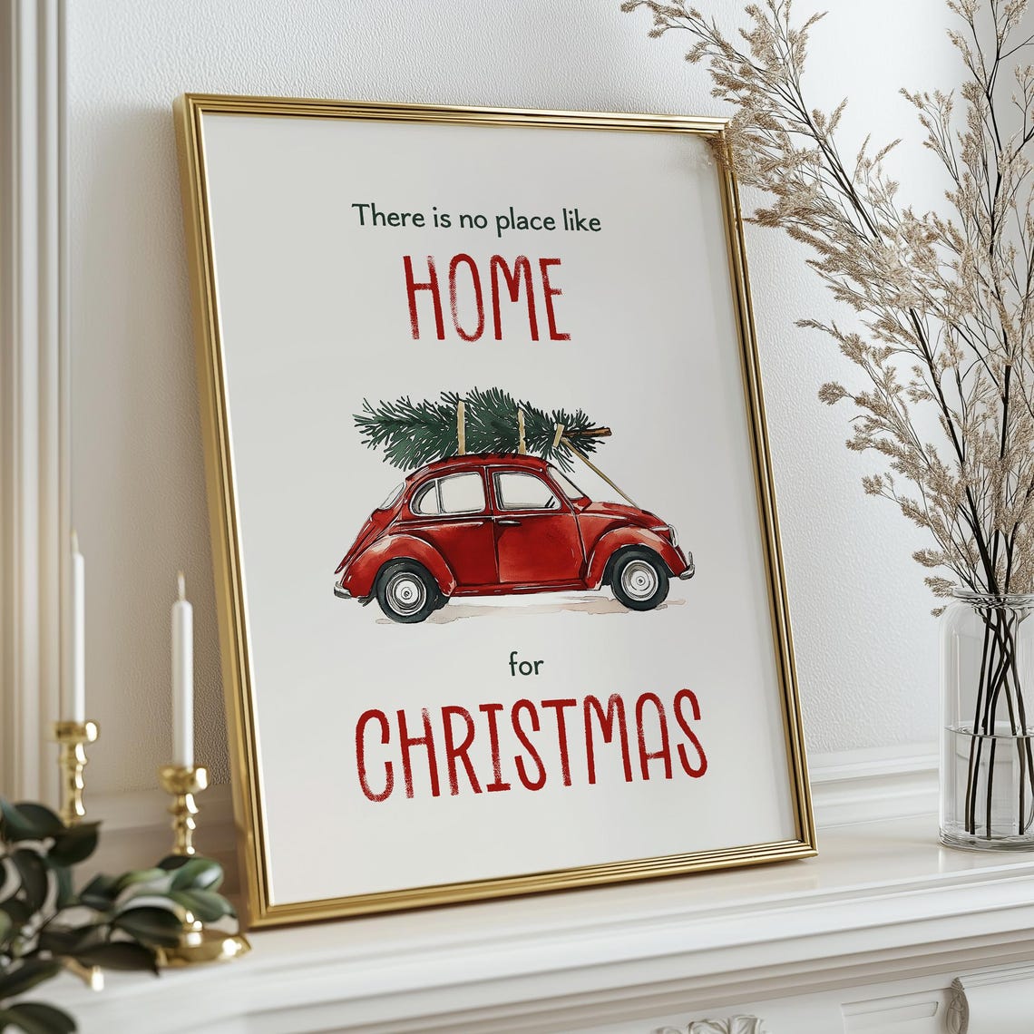No Place Like Home for Christmas Red Vintage Car Holiday Poster