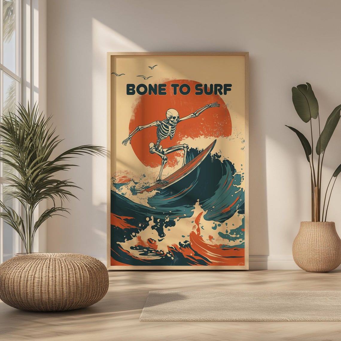 Bone to Surf Skeleton Surfing Retro Sunset Wave Halloween Wall Art - Image 2