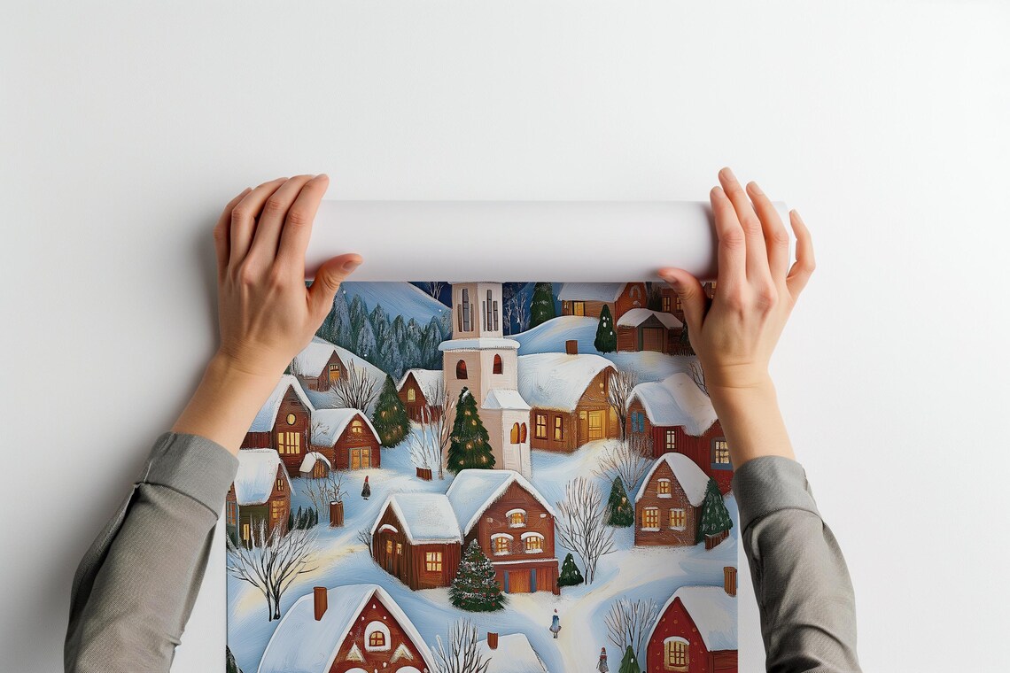 Snowy Village Church Starry Night Folk Style Christmas Scene Wall Art - Image 3