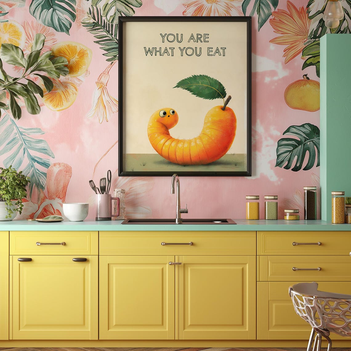 You Are What You Eat Funny Worm Apple Cartoon Kitchen Wall Art - Image 2