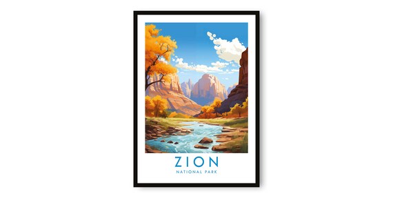 Zion National Park Canyon River in Autumn Color Travel Poster