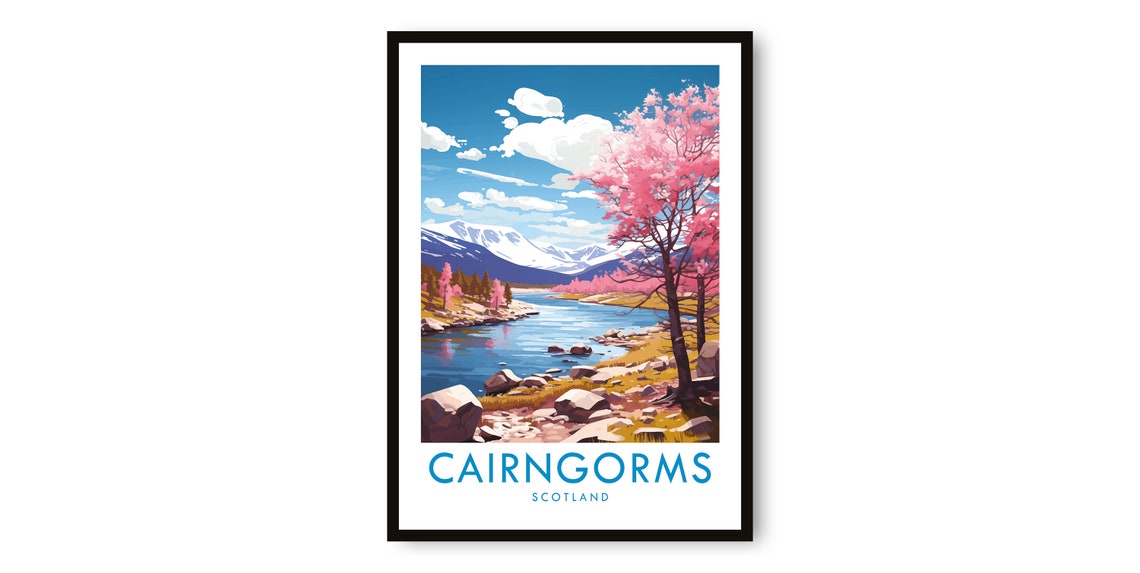 Cairngorms Scotland Poster with Pink Blossom Trees by the River