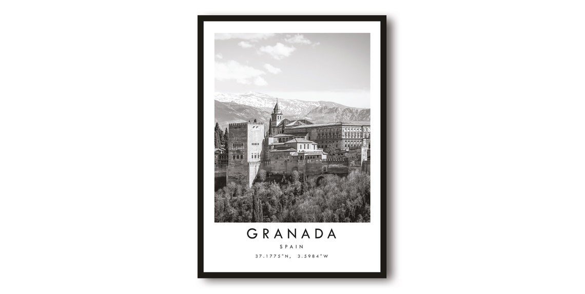 Granada Spain Alhambra Palace Black and White Travel Photo Poster