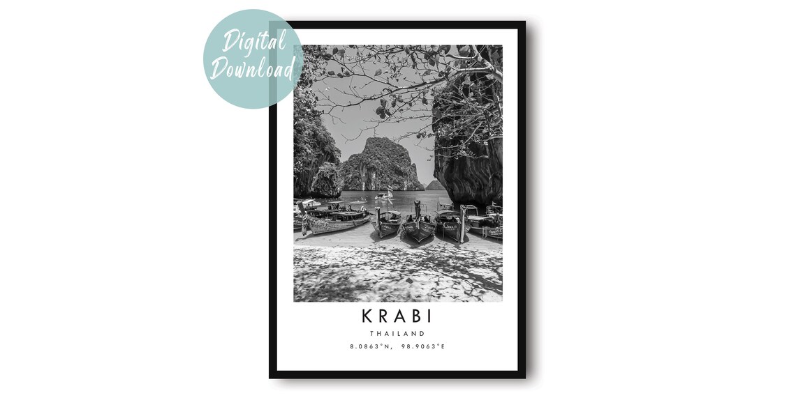 Krabi Longtail Boats on Sandy Beach Black and White Photo Poster
