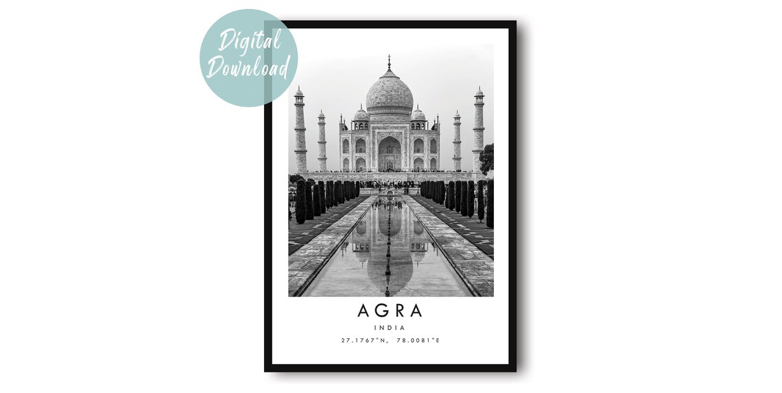 Agra India Taj Mahal Marble Mausoleum Black and White Travel Poster