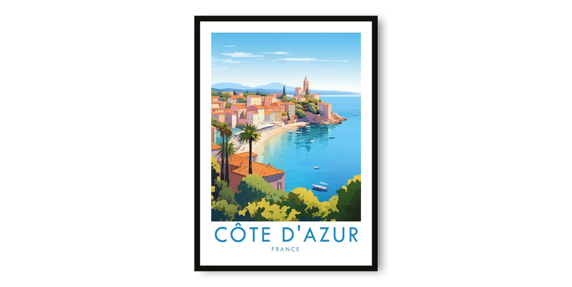Cote Dazur France Travel Poster, Coastal Art Print