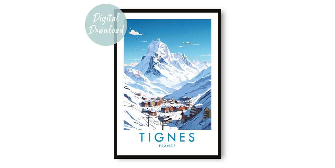 Tignes Ski Village Chalets Under Snowy Peaks Retro Travel Poster