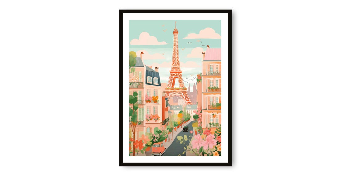 Paris Eiffel Tower Flowered Pastel Street Romantic Art Poster