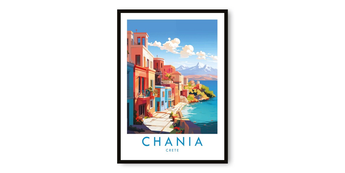 Chania Crete Travel Poster Colorful Harbor Coast Old Town Greek Art