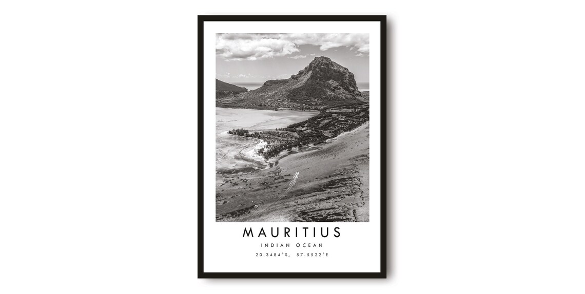 Mauritius Indian Ocean Volcanic Coast Black White Travel Poster