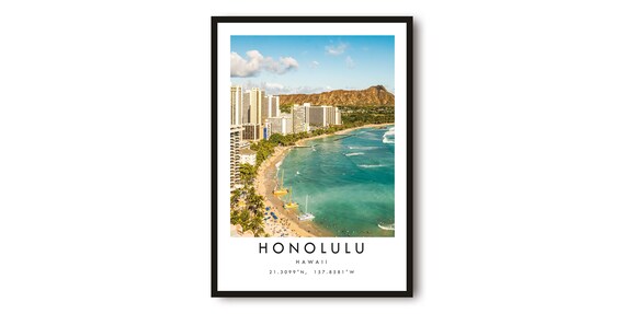 Honolulu Hawaii Waikiki Beach Diamond Head Aerial View Travel Poster