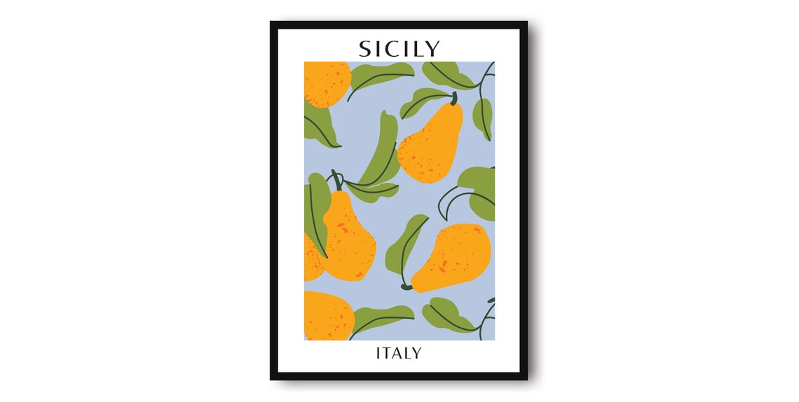 Sicily Italy Golden Pears on Sky Blue Fruit Market Art Poster
