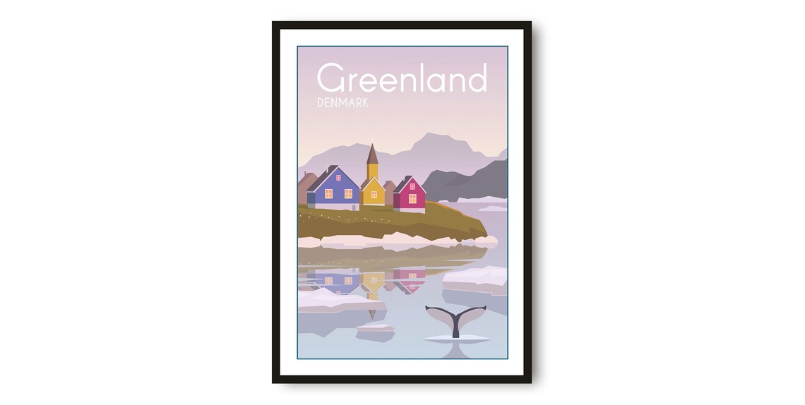 Greenland Denmark Colorful Houses Whale Tail Arctic Travel Poster
